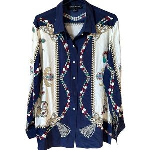 Kenneth Jay Lane Womens Vtg Silk Button Down Top Printed Missing 1 Button Large